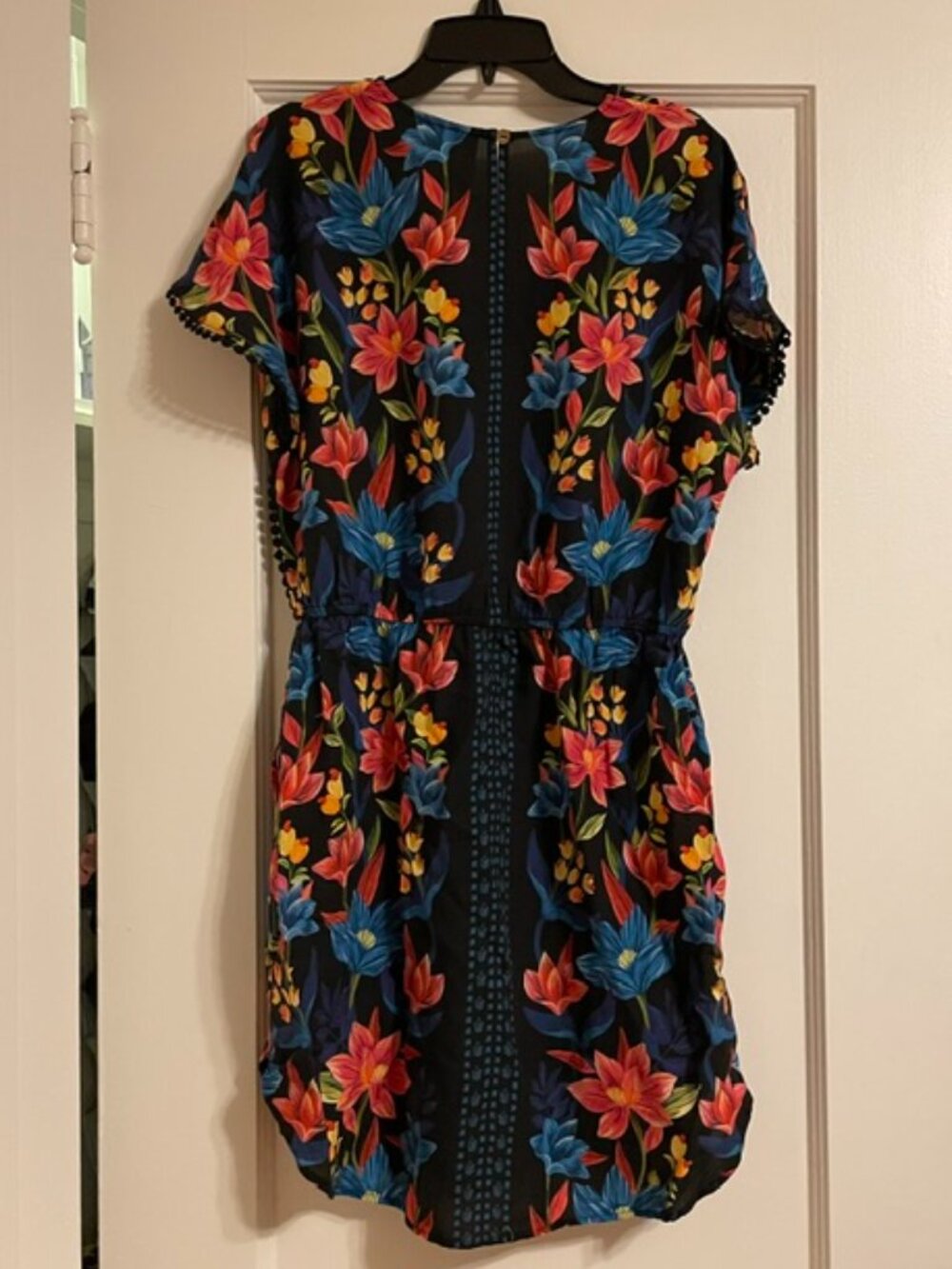 FARM RIO Anthropologie Pom Pom Trim Black Tropical Floral Dress S Small - Picture 6 of 6